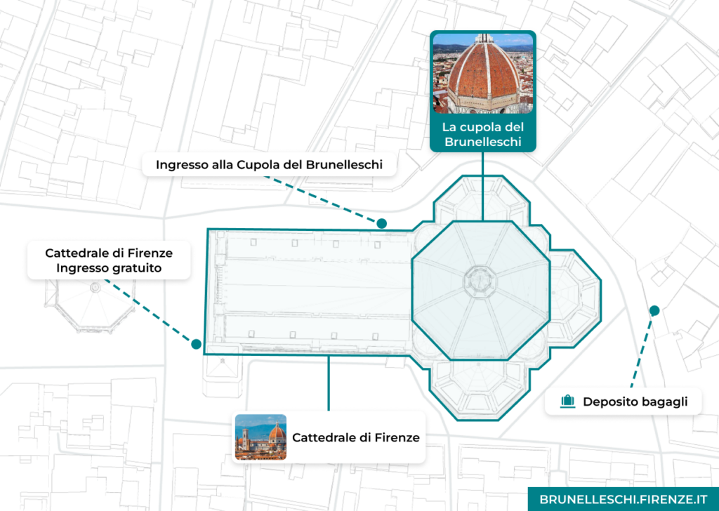 Florence Cathedral map showing the Duomo, Brunelleschi's Dome entrance, and luggage storage.