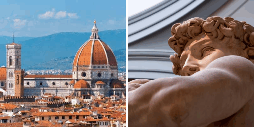 Florence cityscape featuring the Duomo, alongside a close-up of Michelangelo's David statue.