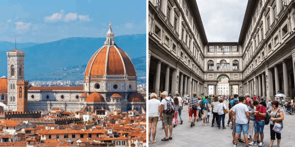 Florence, Italy: Duomo di Firenze (Florence Cathedral) and Uffizi Gallery courtyard with tourists.