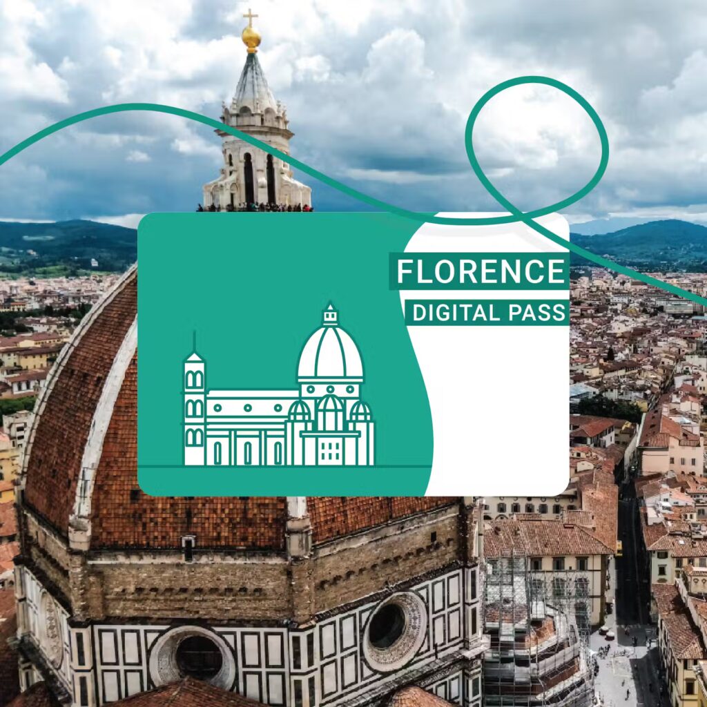 Florence Digital Pass over the Duomo, Florence. "Florence Digital Pass" text included.